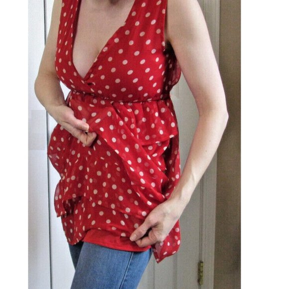 Red Blouse Sexy Micro Mini White Polka dots Vintage Babydoll Atmosphere Size 4 - Picture 5 of 9